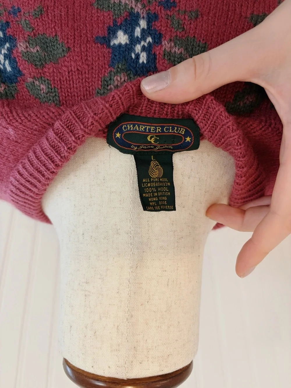 Charter Club Pink Crewneck Sweater with Blue & Green Floral Yoke